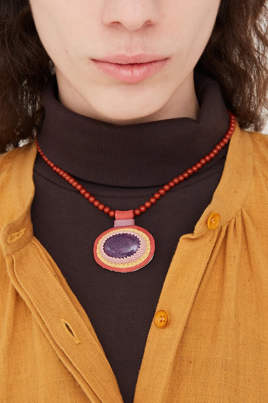 Robin Mollicone Red Jasper Beads Necklace with Purpurite Charm - Handmade Boho Jewelry