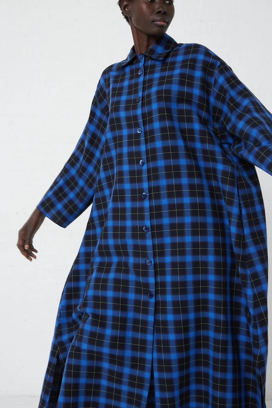AVN Women's Check Print Kimono Dress in Navy, Blue & Lime | Oroboro Style