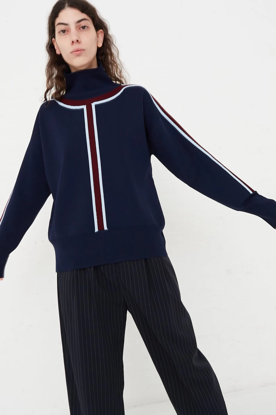 Nomia Midnight Blue Track Stripe Mock Neck Sweater - Stylish Striped Knit Top