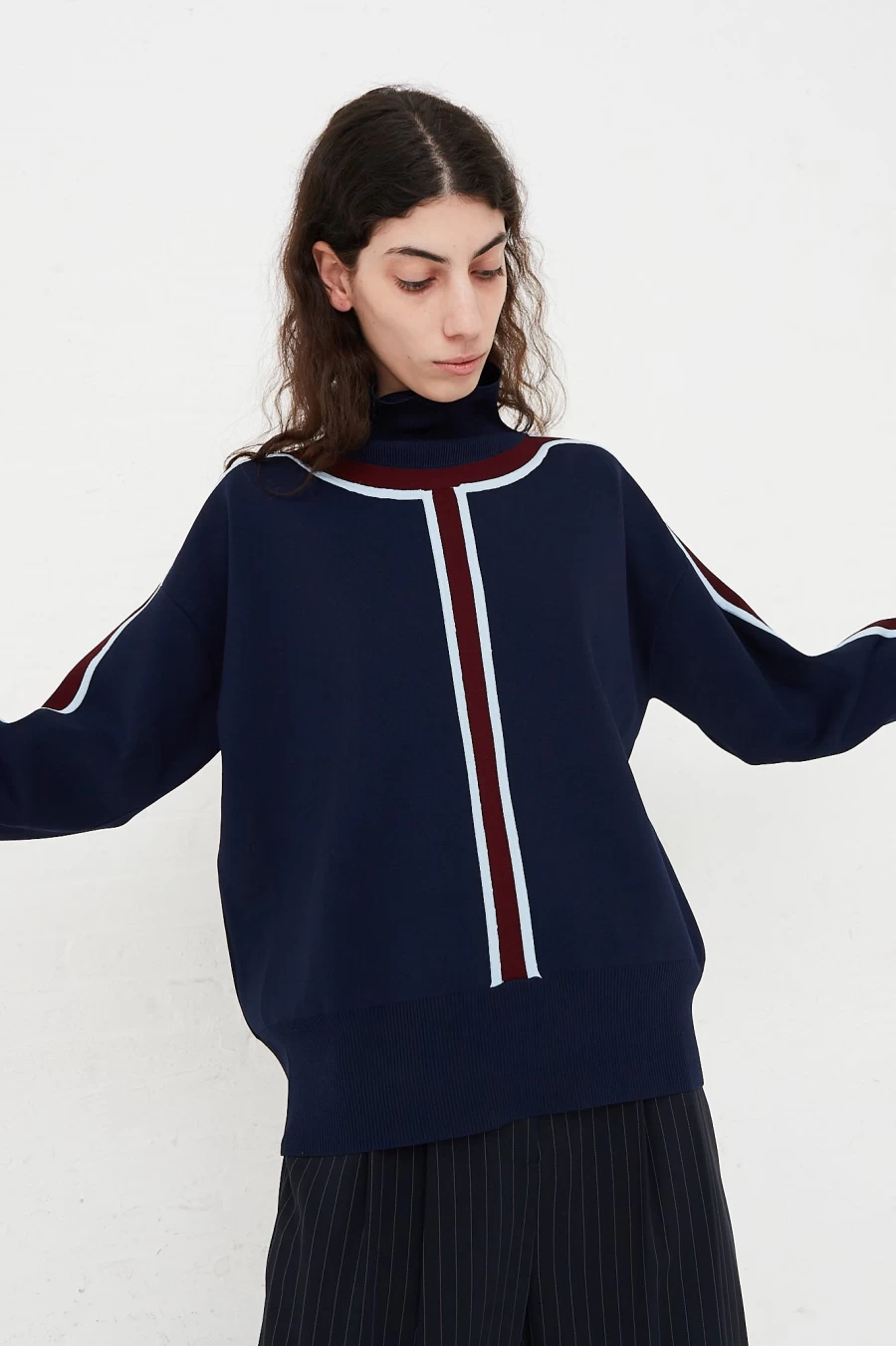 Nomia Midnight Blue Track Stripe Mock Neck Sweater - Stylish Striped Knit Top