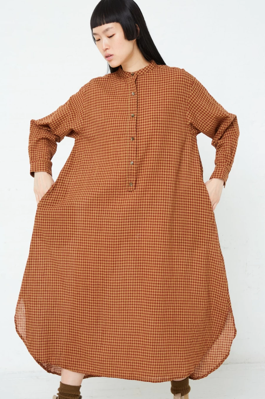 "Ichi Red Cotton-Linen Gingham Dress | Oroboro Collection | Women's Boho Chic Style"