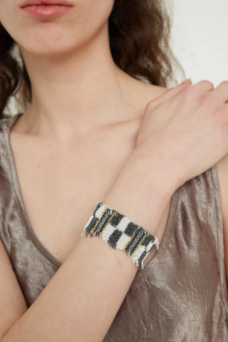 "Stephanie Schneider Gold Plated Sterling Silver Oxidized Bracelet with Silk Thread"