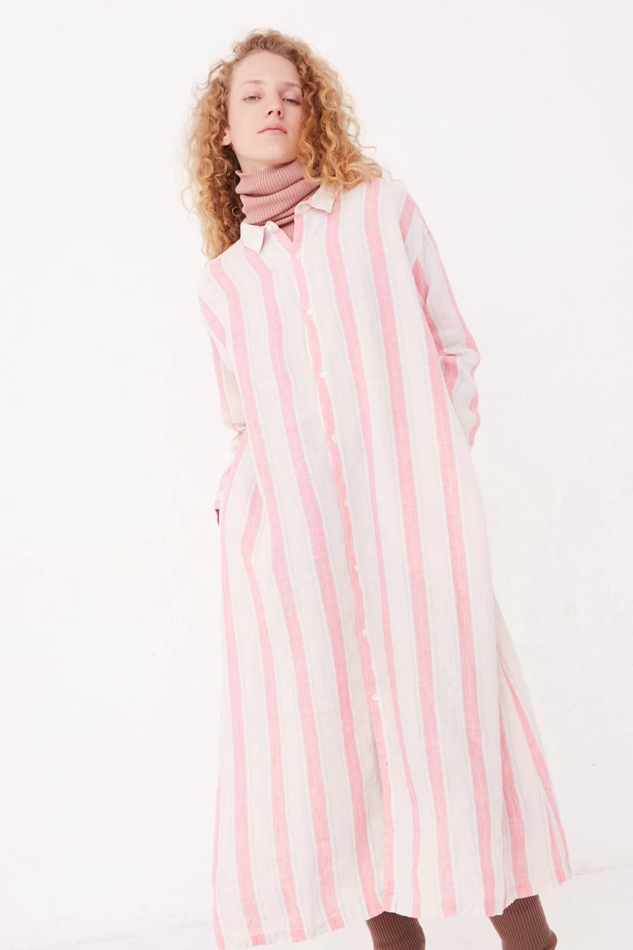 "Ichi Antiquit Pink Linen Stripe Long Sleeve Dress - Vintage Boho Style"