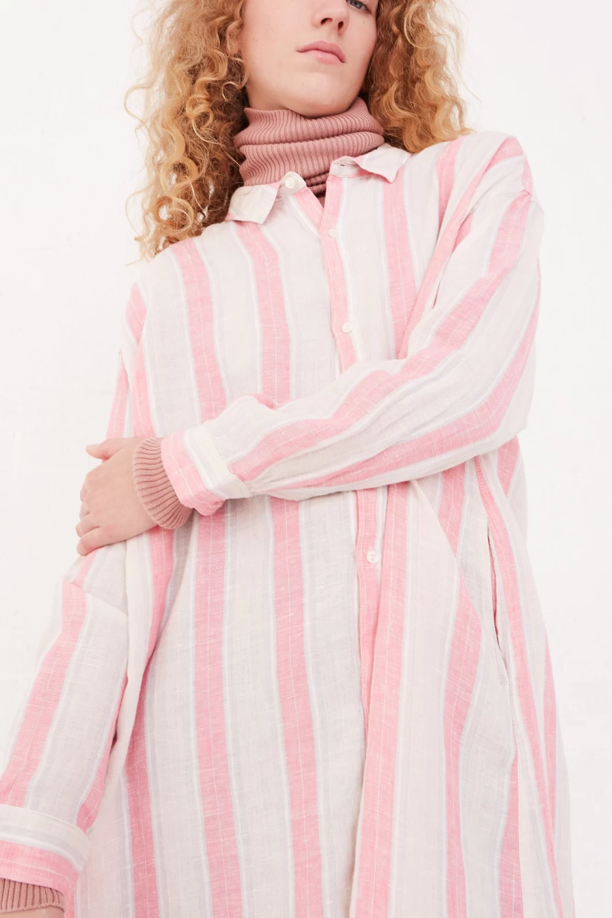 "Ichi Antiquit Pink Linen Stripe Long Sleeve Dress - Vintage Boho Style"