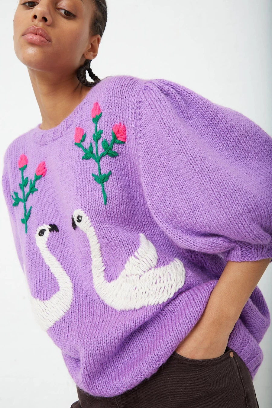 Sofio Gongli Purple Swans Sweater | Elegant Knitwear | Oroboro Collection