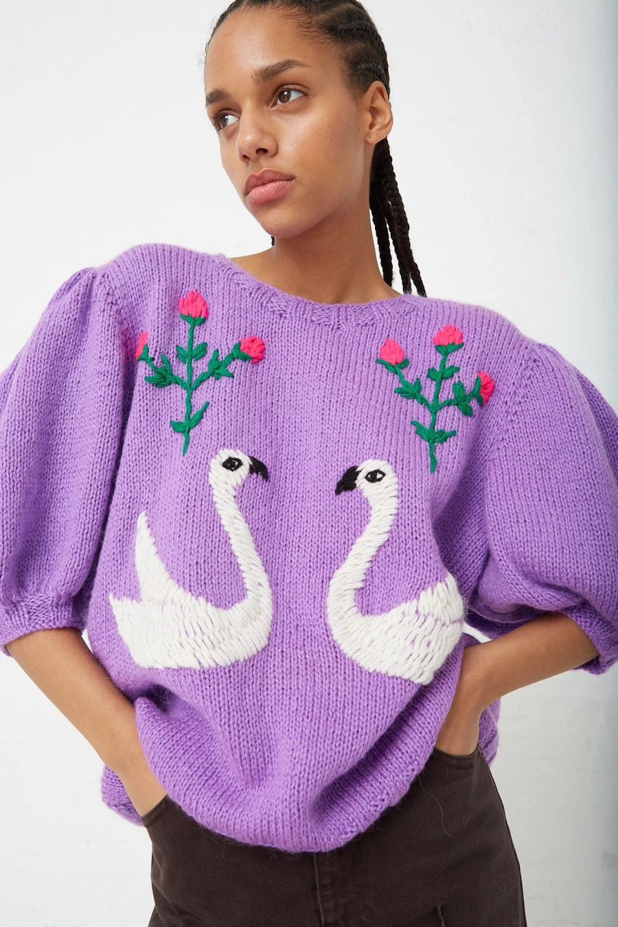 Sofio Gongli Purple Swans Sweater | Elegant Knitwear | Oroboro Collection