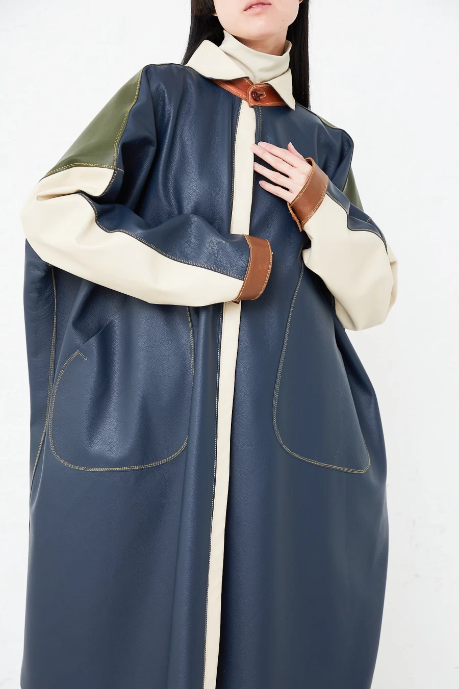 Thank You Have A Good Day Blue Color Block Leather Oversized Shirt Jacket | Oroboro Style