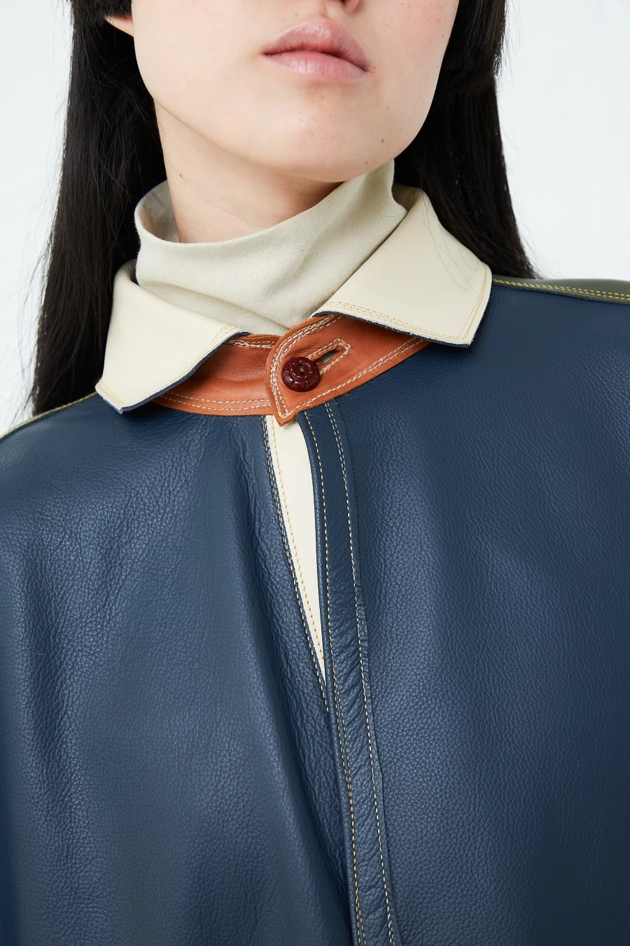 Thank You Have A Good Day Blue Color Block Leather Oversized Shirt Jacket | Oroboro Style