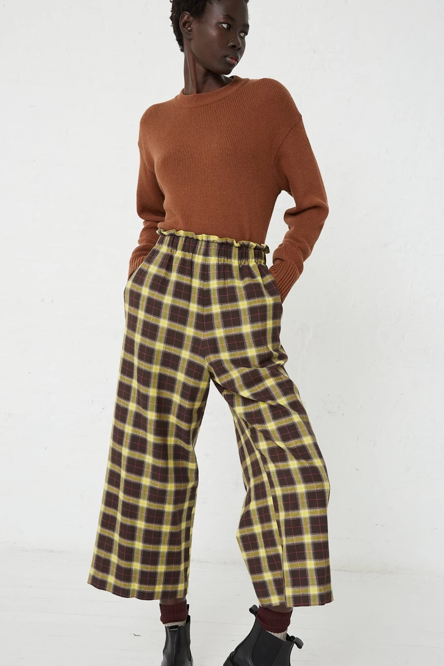 AVN Easy Pant in Check Pattern - Brown, Yellow, and Pink Stretchable Comfort Fit Trousers | Oroboro Collection