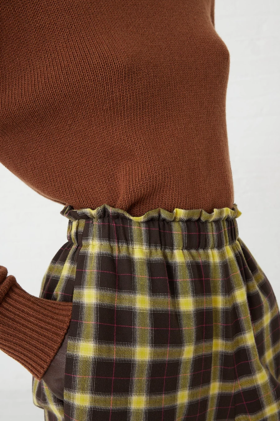AVN Easy Pant in Check Pattern - Brown, Yellow, and Pink Stretchable Comfort Fit Trousers | Oroboro Collection