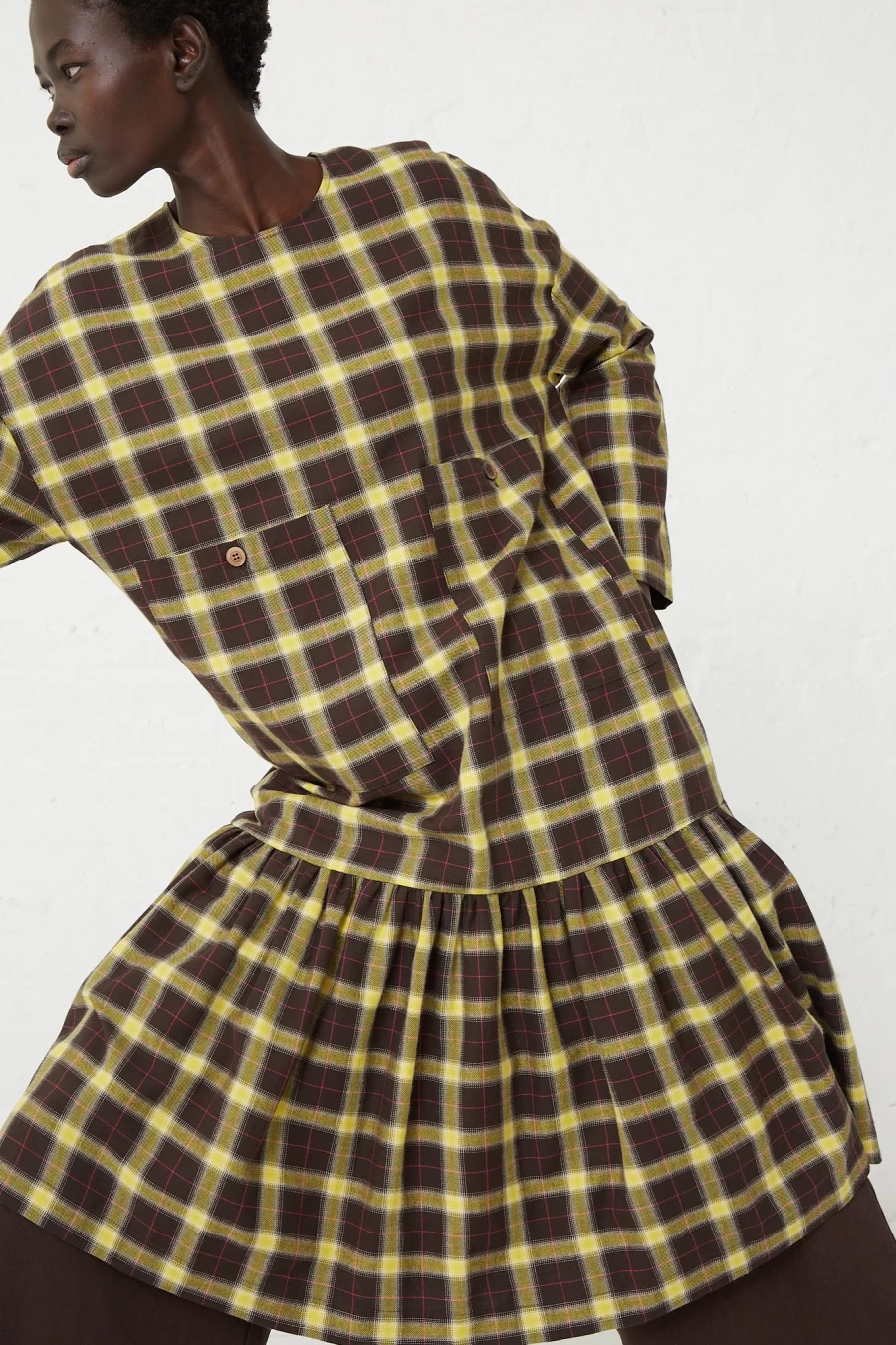 AVN Women's Checkered Fun Dress in Brown, Yellow & Pink | Oroboro Style