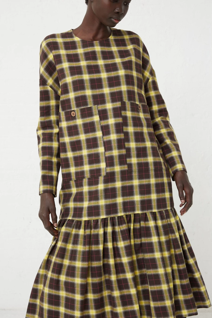 AVN Women's Checkered Fun Dress in Brown, Yellow & Pink | Oroboro Style