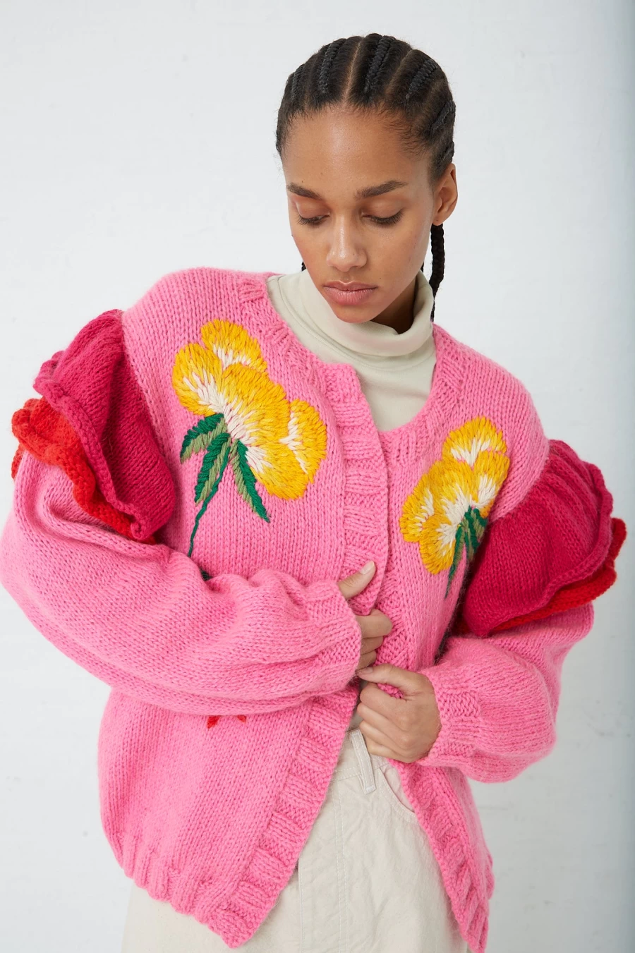 Sofio Gongli Pink Floral Knit Sweater | Women's Elegant Oroboro Design Soft Comfortable Pullover