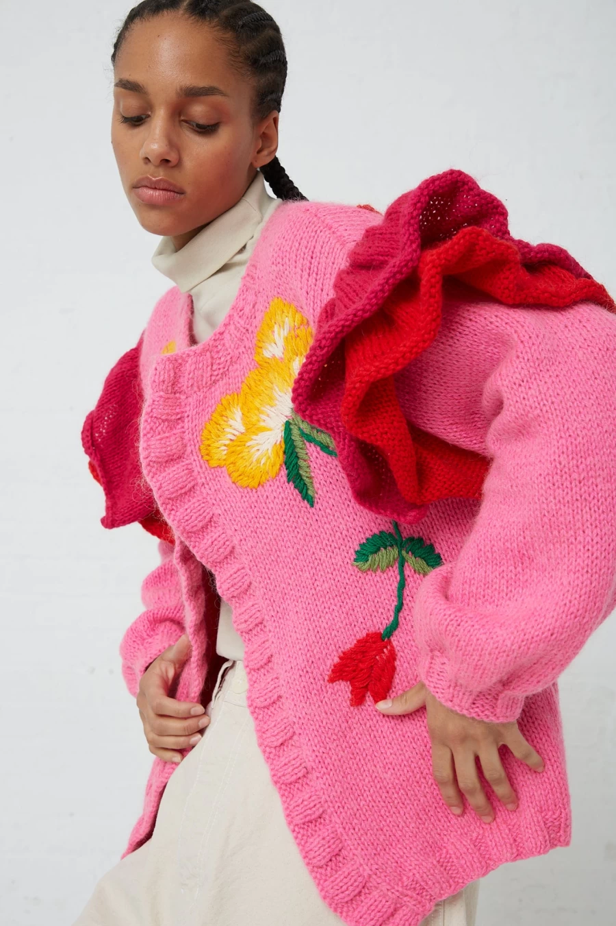 Sofio Gongli Pink Floral Knit Sweater | Women's Elegant Oroboro Design Soft Comfortable Pullover