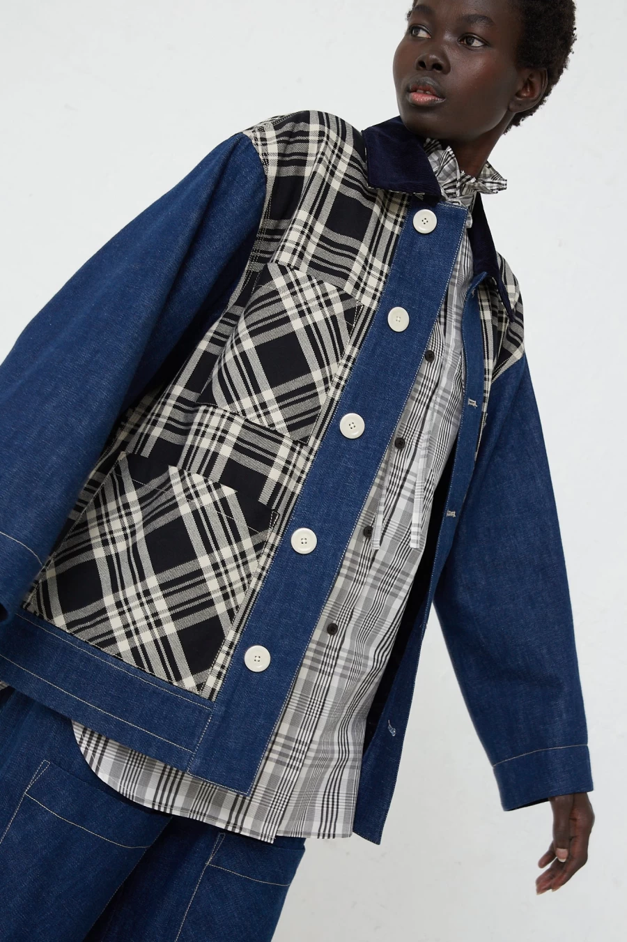 KasMaria Japanese Denim Chore Jacket - Plaid Lined Workwear Coat for Men & Women | Oroboro Store
