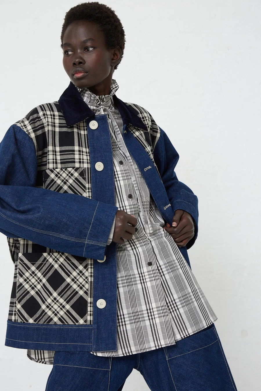 KasMaria Japanese Denim Chore Jacket - Plaid Lined Workwear Coat for Men & Women | Oroboro Store