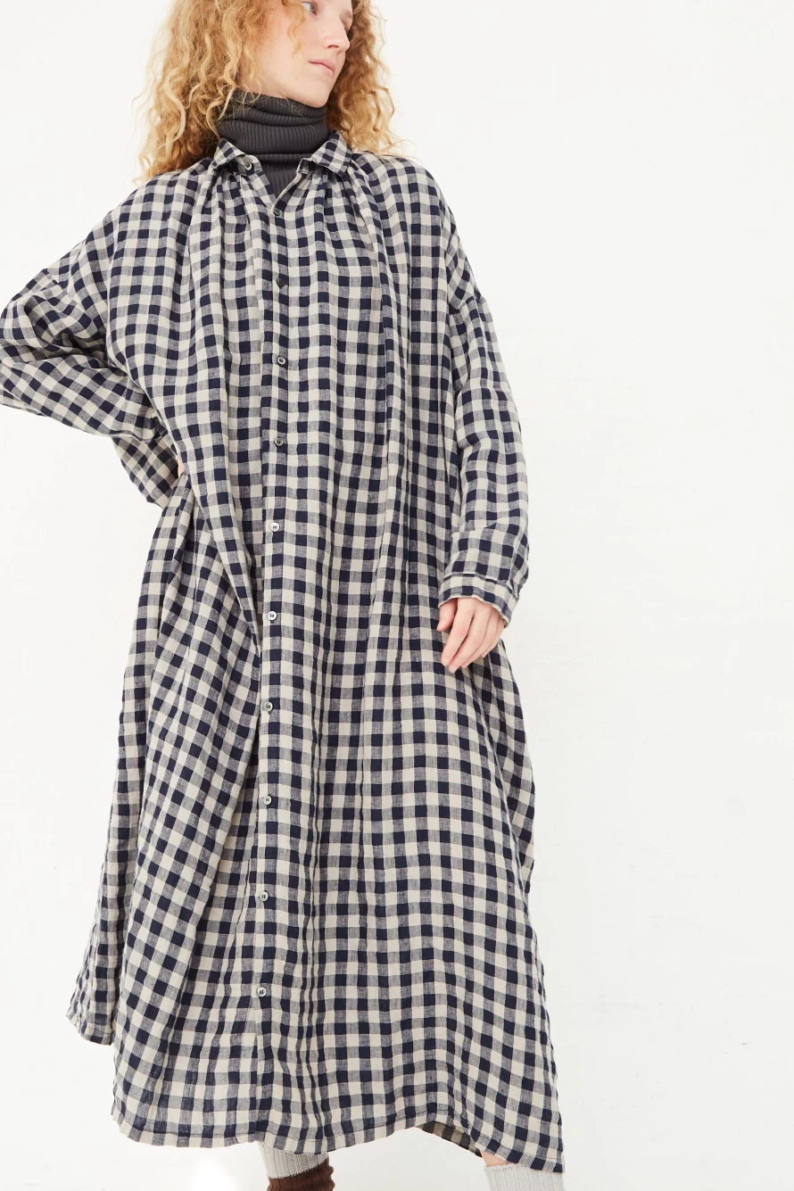 Ichi Antiquit Beige Azumadaki Linen Gingham Dress | Vintage Style Women's Dress | Oroboro Store