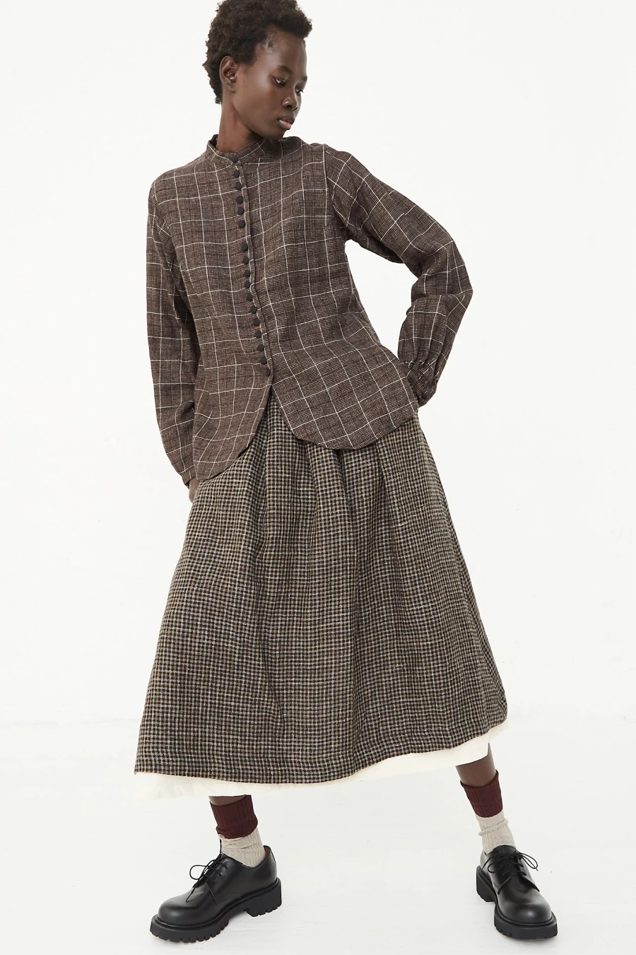 Hallelujah Antique Brown Houndstooth Long Sleeve Top - Vintage Inspired Women's Blouse by Oroboro Store