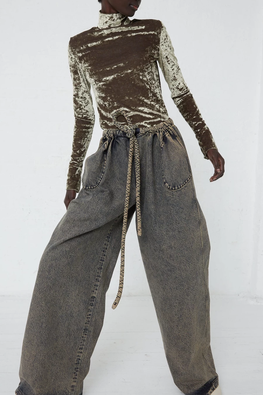 Veronique Leroy Acid Wash Denim Belted Trousers for Women
