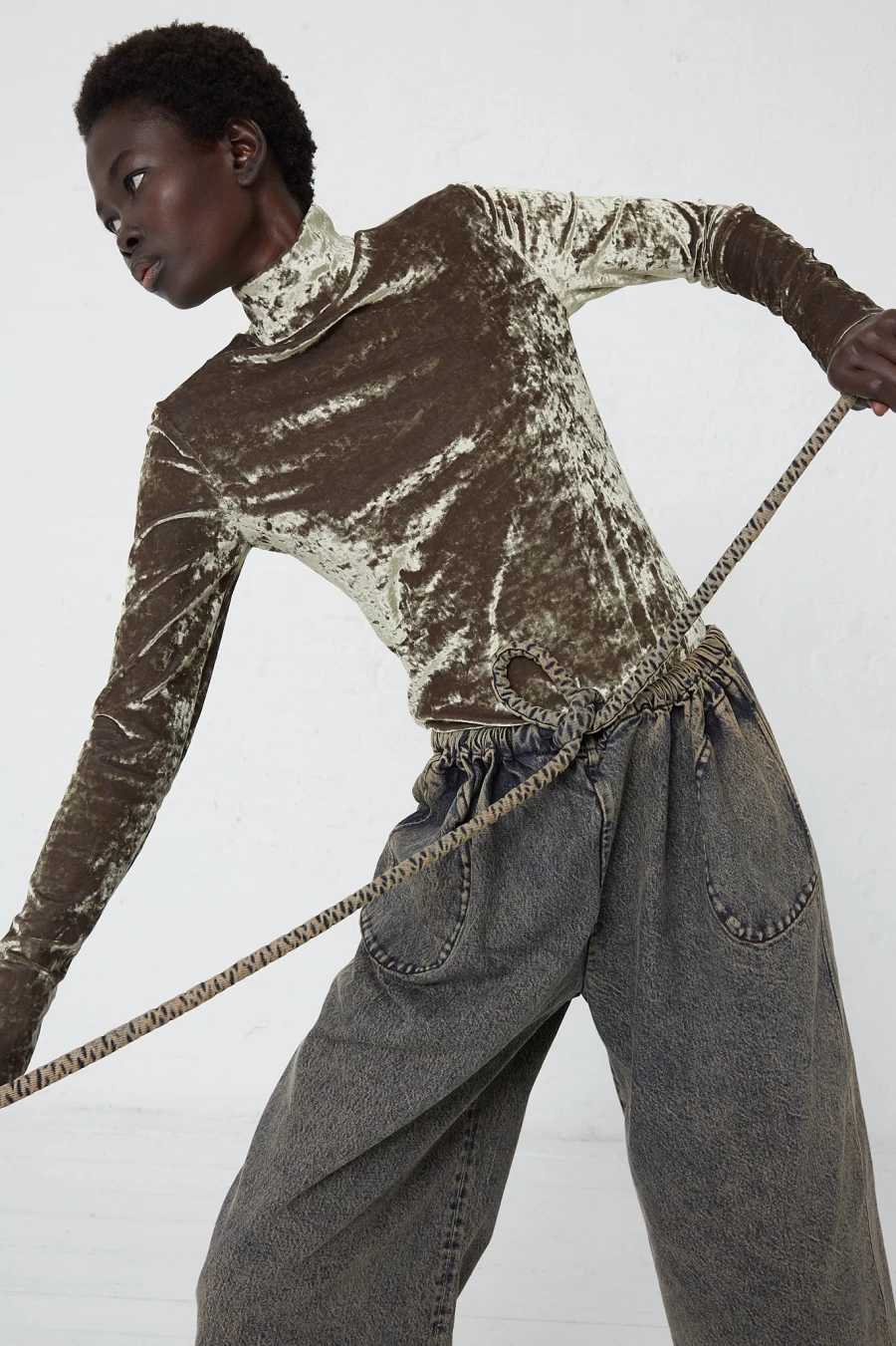 Veronique Leroy Acid Wash Denim Belted Trousers for Women
