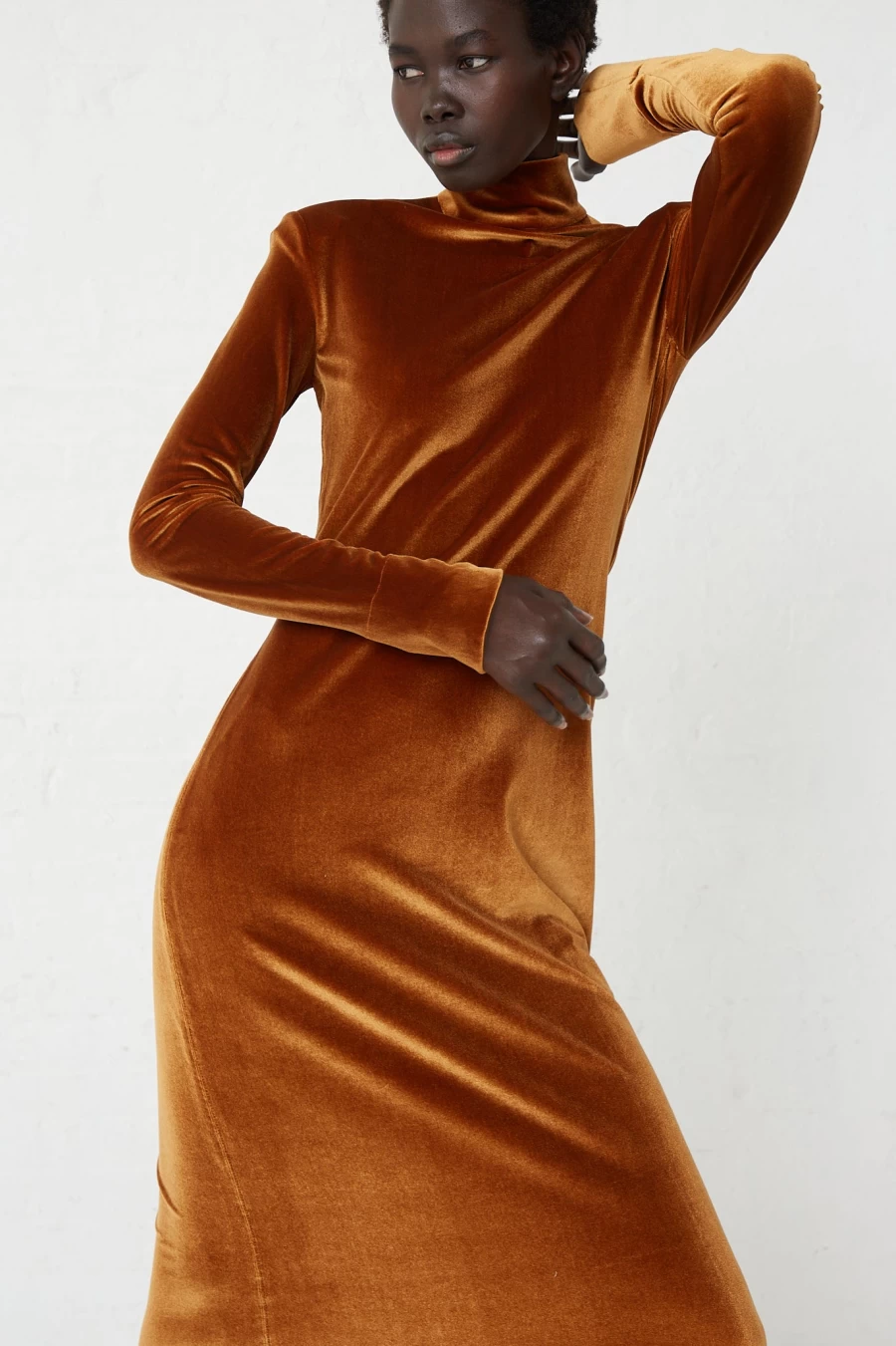 Veronique Leroy Women's Cognac Velvet Turtleneck Dress | Elegant Long Sleeve Midi Dress
