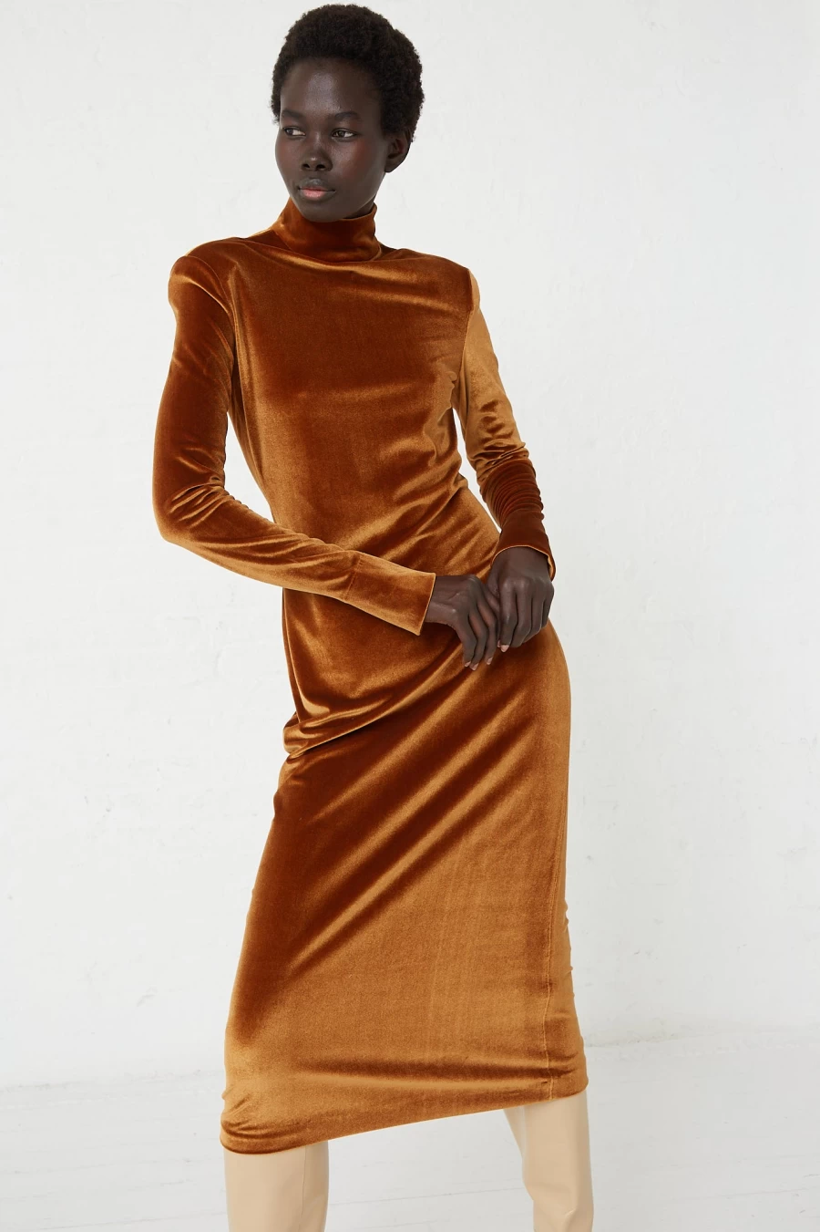 Veronique Leroy Women's Cognac Velvet Turtleneck Dress | Elegant Long Sleeve Midi Dress