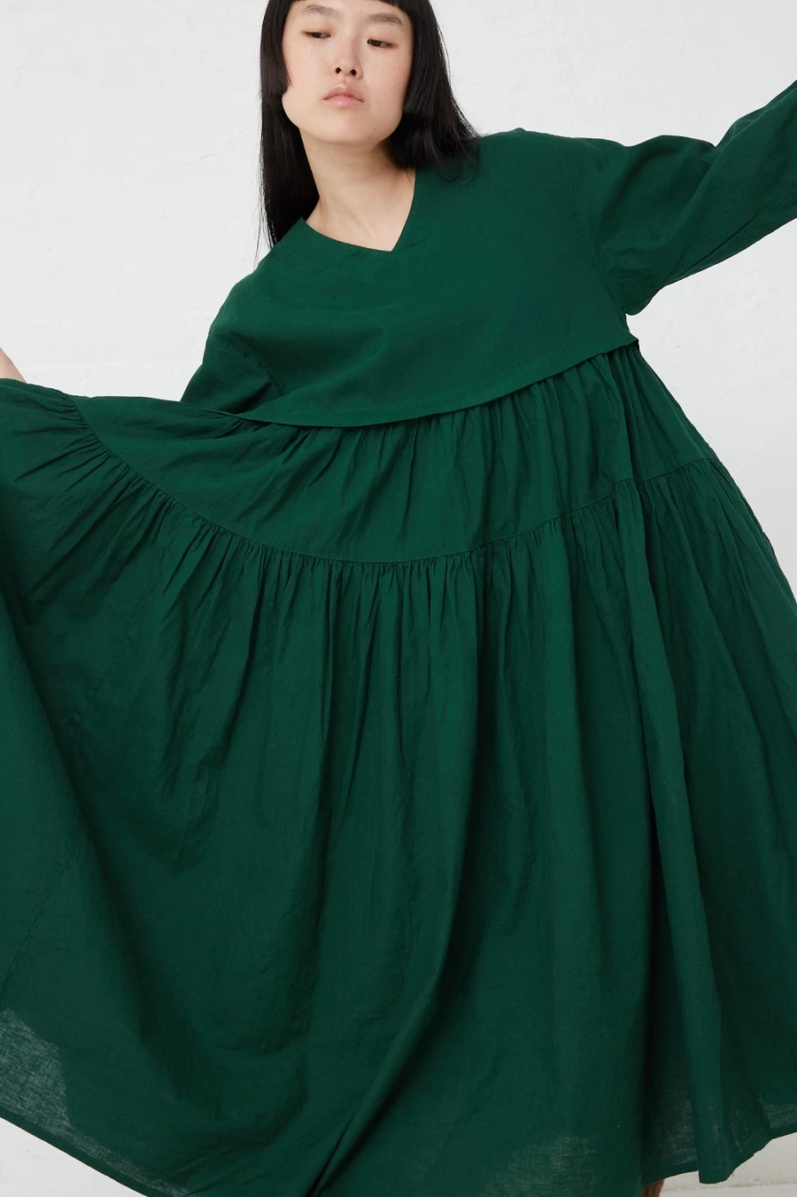 Nest Robe Green Upcycled Linen Tiered Dress | Sustainable Oroboro Eco-Friendly Fashion