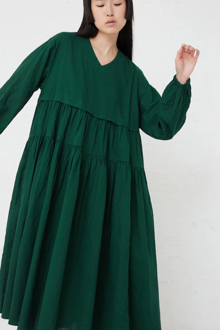 Nest Robe Green Upcycled Linen Tiered Dress | Sustainable Oroboro Eco-Friendly Fashion