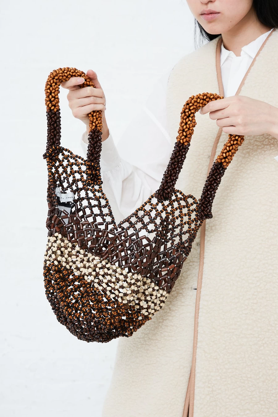 Luna Del Pinal Medium Beaded Handbag in Bone Brown - Wooden Bead Bohemian Shoulder Bag