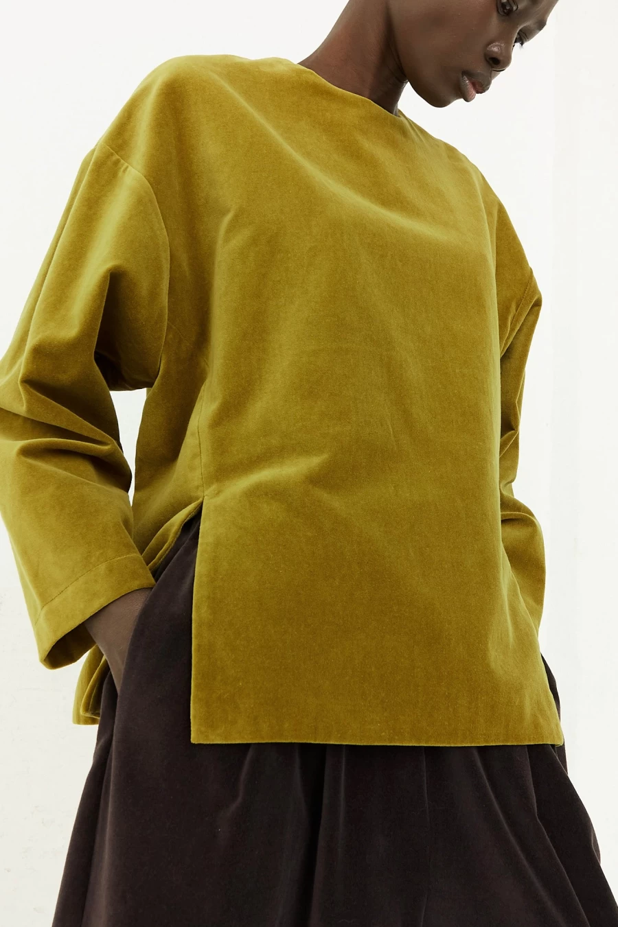 Black Crane Olive Cotton Velveteen Slit Top - Elegant Women's Casual Blouse | Oroboro Collection