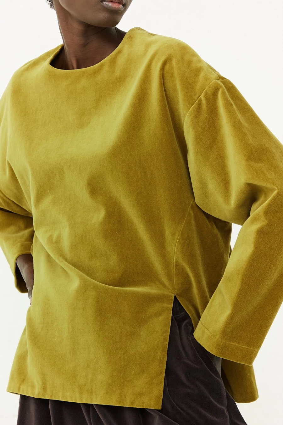 Black Crane Olive Cotton Velveteen Slit Top - Elegant Women's Casual Blouse | Oroboro Collection