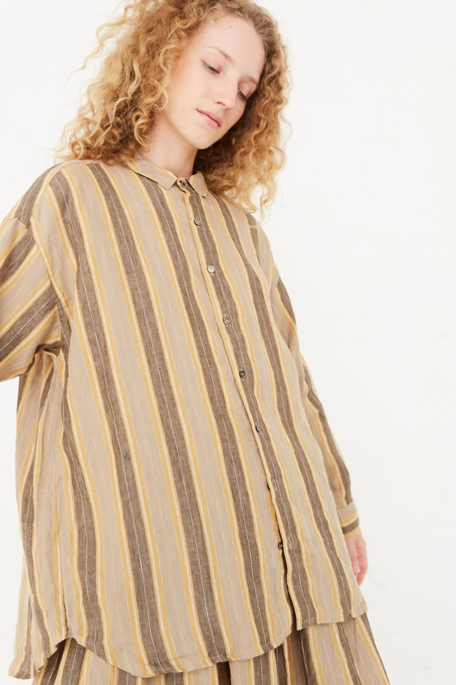 Ichi Antiquit Mustard Linen Stripe Shirt - Vintage Style Button Down Top for Men & Women