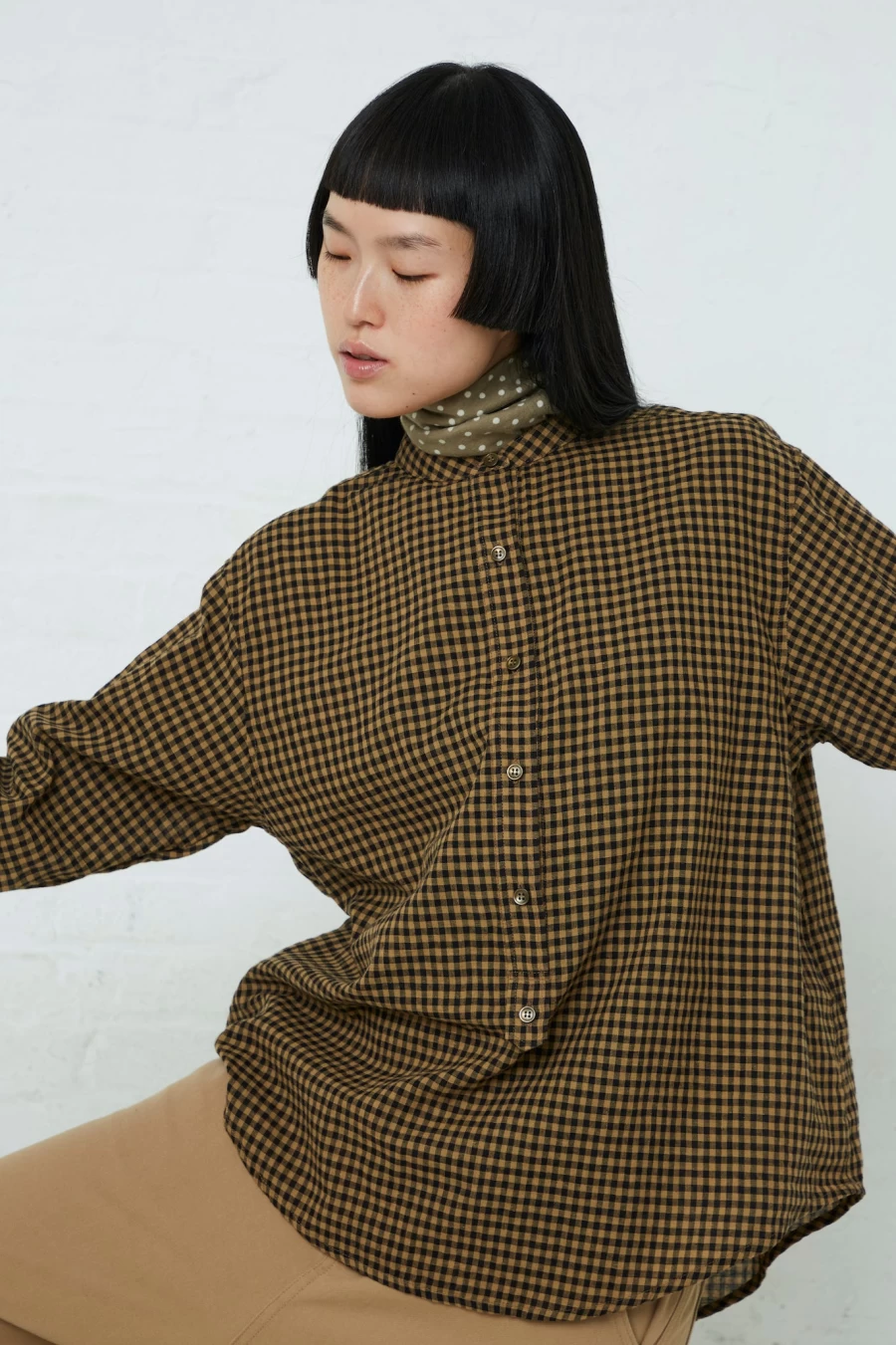 "Ichi Beige Cotton-Linen Gingham Shirt | Oroboro Collection | Sustainable Fashion"