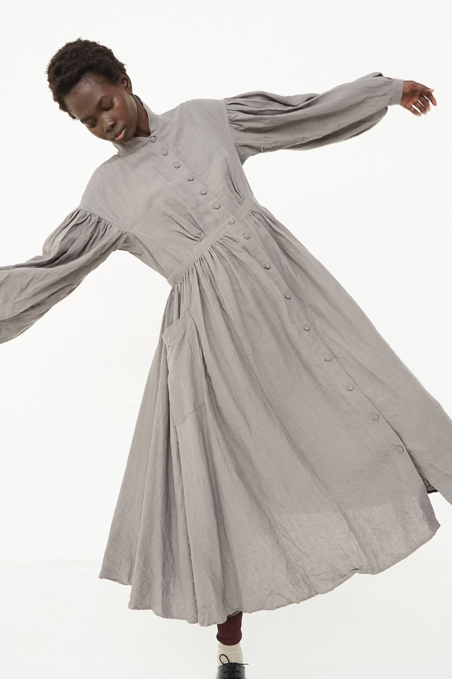 Hallelujah Gray Belgian Linen Long Sleeve Dress - Elegant Women's Maxi Dress by Oroboro Store