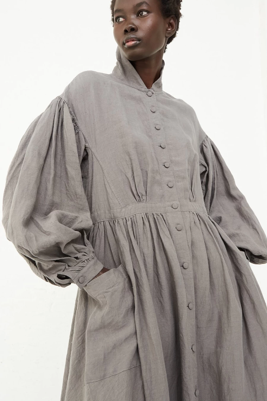 Hallelujah Gray Belgian Linen Long Sleeve Dress - Elegant Women's Maxi Dress by Oroboro Store