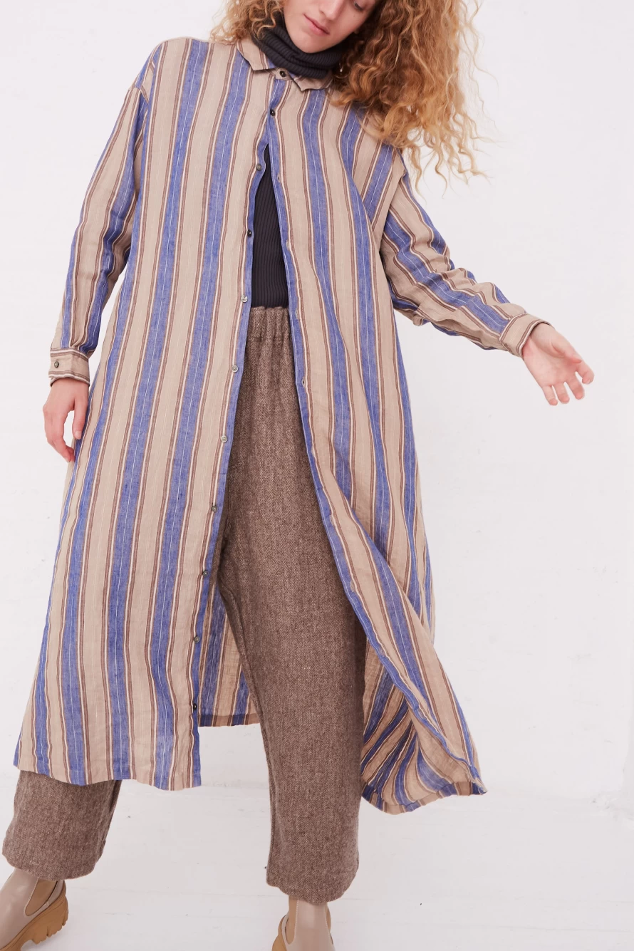 "Ichi Antiquit Blue Linen Stripe Long Sleeve Dress - Vintage Oroboro Collection"