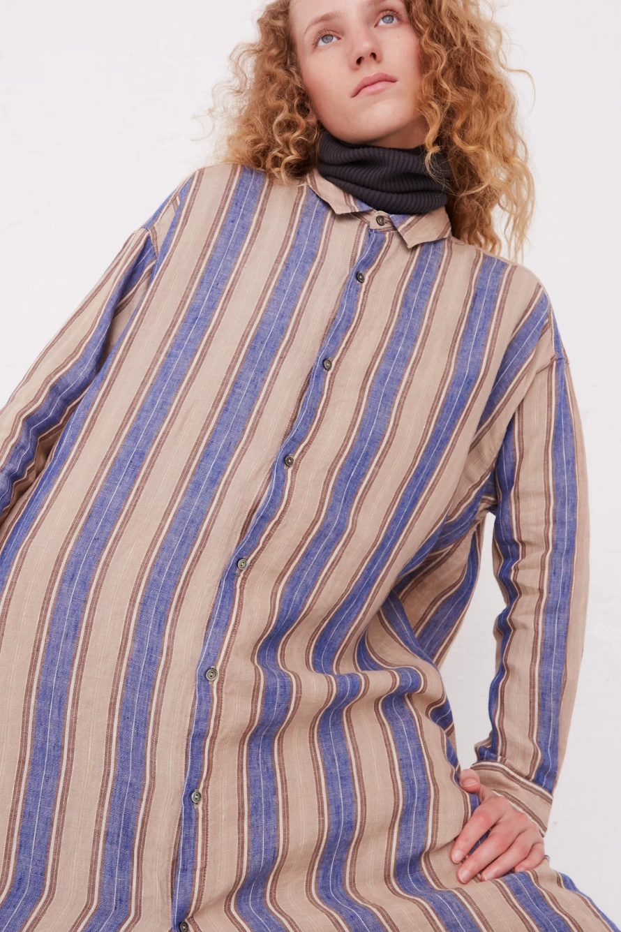 "Ichi Antiquit Blue Linen Stripe Long Sleeve Dress - Vintage Oroboro Collection"