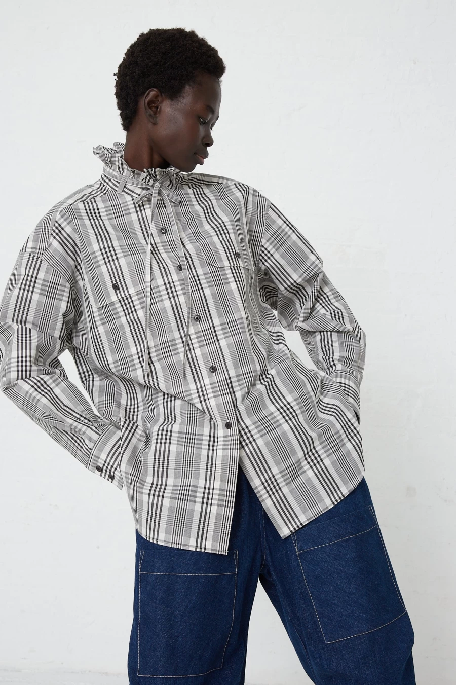 KasMaria Black and White Plaid Poplin Tie Shirt for Women | Oroboro Collection