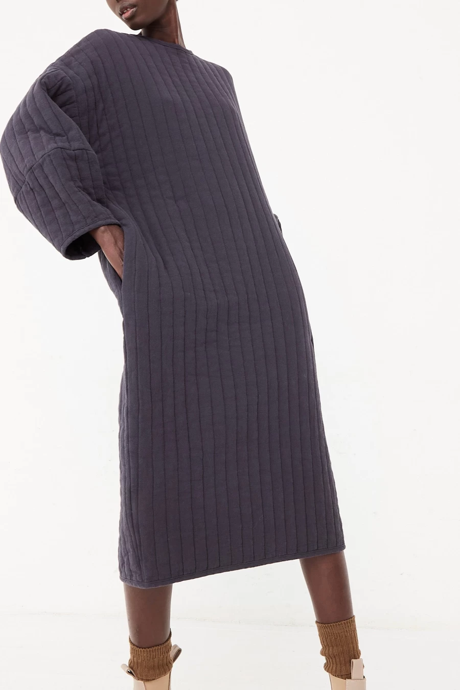 Black Crane Quilted Dress in Dark Navy | Oroboro Collection | Elegant Long Sleeve Women's Dress