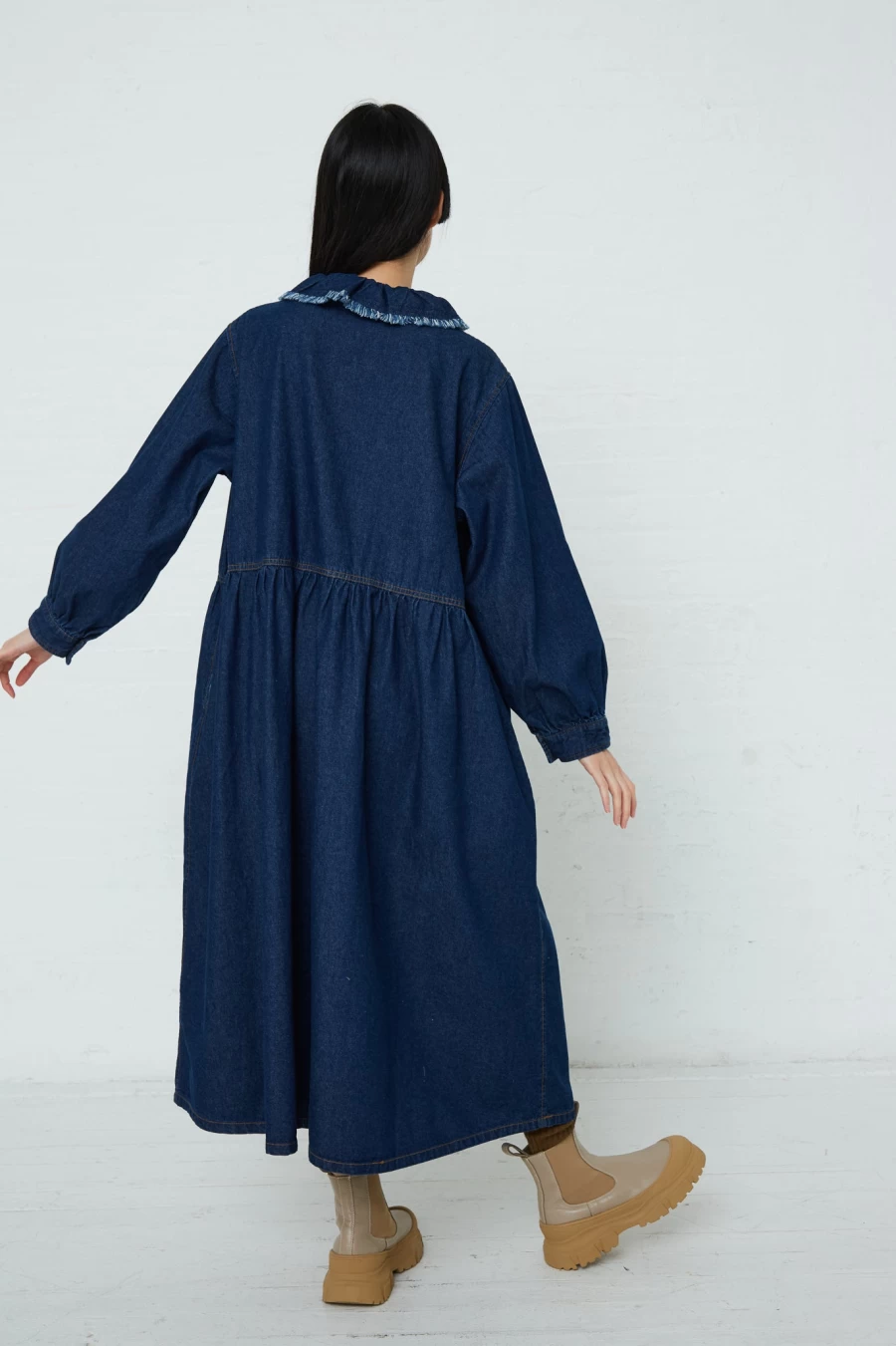 "Ichi Dark Indigo Cotton Collar Dress | Oroboro Collection | Sustainable Women's Fashion"