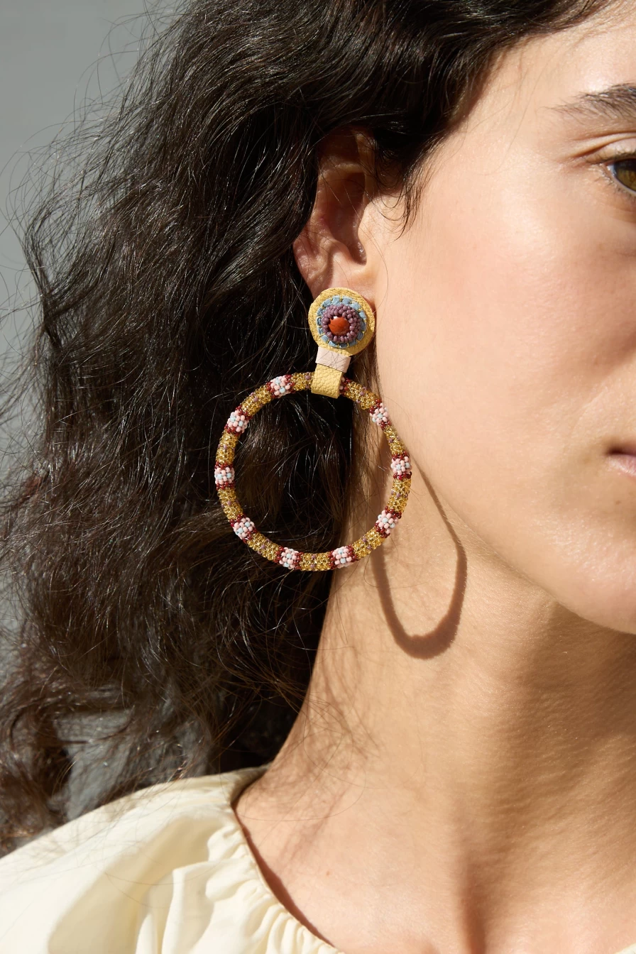 Robin Mollicone Red Jasper Stone Large Beaded Hoop Earrings - Handcrafted Bohemian Statement Jewelry
