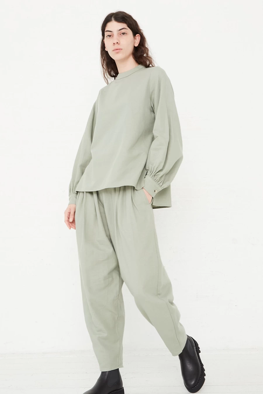 Black Crane Agave Cotton Twill Draped Pants - Women's High-Waisted Relaxed Fit Trousers