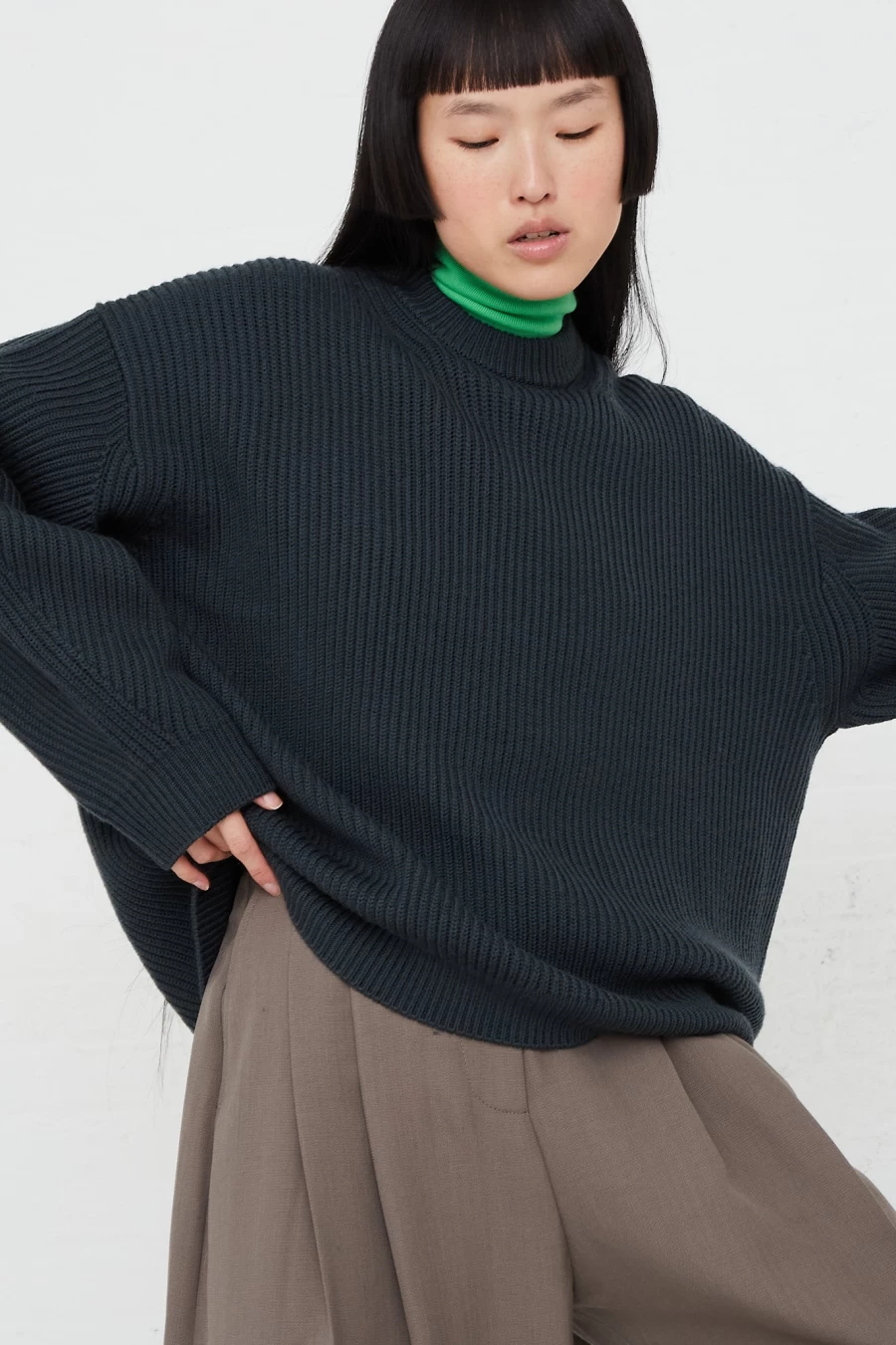 Studio Nicholson Dark Fir Crew Neck Sweater | Sustainable Wool Knitwear | Oroboro Store