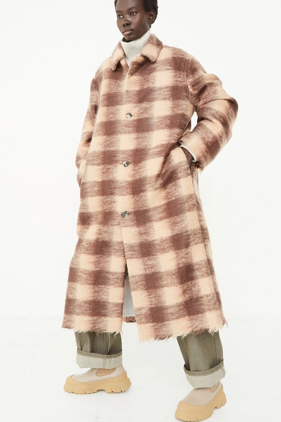 Sofie D'Hoore Mohair Long Plaid Coat in Hazelnut Vichy Check - Luxurious Wool Blend Trench Coat for Women